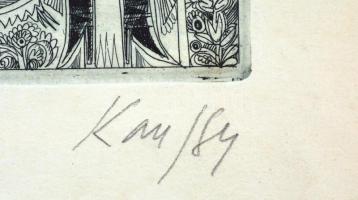 Kass János (1927-2010): Halászok magyar népviseletben, rézkarc, papír, jelzett, lap alja foltos, réz...