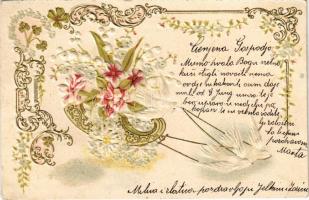 1904 Art Nouveau, floral greeting postcard. Emb. litho