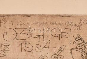 Kass János (1927-2010): Szigliget 1984, rézkarc, papír, jelzett a karcon (rajzolta jókedvében 1984. ...