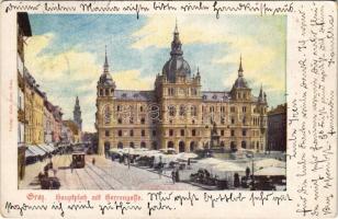 1903 Graz, Hauptplatz mit Herrengasse / main square, tram, market. Verlag Alois Auer (EK)
