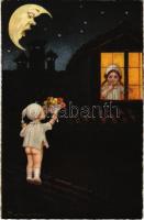 Children at night. Italian romantic art postcard. 1907-4. s: Colombo