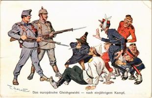 1916 Das europäische Gleichgewicht - nach einjährigem Kampf / WWI Austro-Hungarian K.u.K. military art postcard, humour. M. Munk Wien Nr. 1031. s: Th. Zasche (EK)
