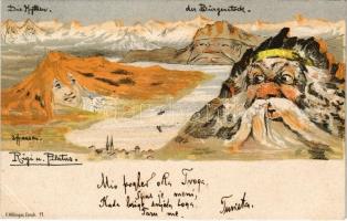 1897 Rigi und Pilatus, Der Bürgerstock. F. Killinger / Mountain with a human face, litho s: E. Hansen