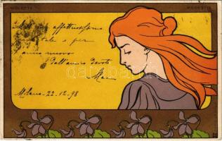 1898 Violette, Modestie. Le Symbole des Fleurs / Dietrich & Co. Belgian Art Nouveau postcard s: Henri Meunier (EB)