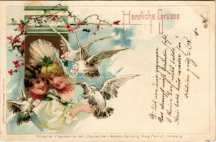 1899 Hezliche Grüsse. Künstler-Postkarte der Deutschen Moden-Zeitung, Wezel & Naumann Art Nouveau, litho