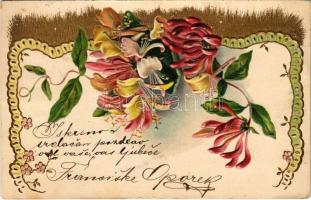 1901 Art Nouveau, floral greeting card. Emb. litho