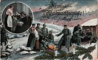 1915 Innige Weichnahtsgrüße! / WWI German and Austro-Hungarian K.u.K. military Christmas greeting, soldiers with letters and packages from home. M.B.L. 57.