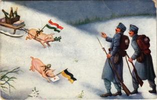 1917 Herzliche Neujahrsgrüße! / Boldog Újévet! / WWI German and Austro-Hungarian K.u.K. military New Year greeting, Viribus Unitis propaganda, pigs with flags in the snow. K.Ph.W. II. 247. (Rb)