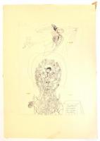 Orosz János (1932-2019): Viráglány és angyal. Golyóstoll, papír, foltos, ajándékozási sorokkal, véko...