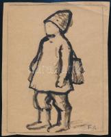 Fényes Adolf (1867-1945): Iskolás gyerek. Tus, papír, Jelzett FA és hátoldalán teljes autográf aláírással. Proveniencia: Gerő Ödön művészeti szakíró, újságíró lánya, Gerő Zsófia (1895-1966) hagyatékából. 11,5x8,5 cm
