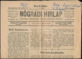 1941 Nógrádi Hírlap. 1941. április 19. LXIX. évf. 16. sz. Szerk.: Majtényi Gyula. Balassagyarmat, Hollósy Géza-ny., hajtásnyommal, tollas bejegyzésekkel, 4 p.