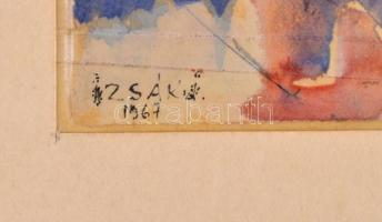 Izsák József (1929-2007): Halas portré. Akvarell, papír, szakadt paszpartuban, ragasztószalaggal rög...