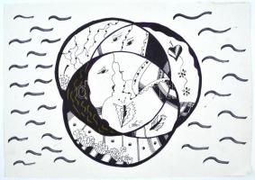 Szász jelzéssel: Női fejek. Tus, filctoll, papír, 29,5x42 cm