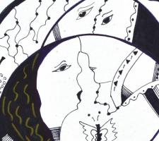 Szász jelzéssel: Női fejek. Tus, filctoll, papír, 29,5x42 cm