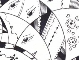 Szász jelzéssel: Női arcok. Tus, filctoll, papír, 29,5x42 cm