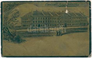 1901 Kolozsvár, Cluj; Hunyadi téri nagy kaszárnya. Szecessziós fóliás hatású képeslap / K.u.K. military barracks. Art Nouveau metallic foil postcard (b)