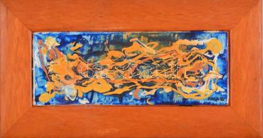 Korniss jelzéssel: Kék-sárga kompozíció. Zománcfesték,vászon, üvegezett, fa keretben, 9×24 cm