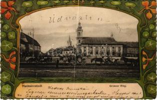 1901 Nagyszeben, Hermannstadt, Sibiu; Grosser Ring / Tér, templom, lovaskocsik. Szecessziós virágos litho keret. Carl F. Jickeli kiadása. K. 6. / square, church, horse-drawn carriages. Art Nouveau, floral, litho frame (fa)