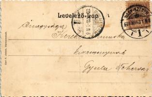 1901 Nagyszeben, Hermannstadt, Sibiu; Grosser Ring / Tér, templom, lovaskocsik. Szecessziós virágos ...