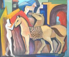Kádár jelzéssel: Lovas és lovak. Olaj, karton, üvegezett, sérült fa keretben, 52×62 cm
