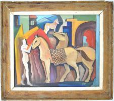 Kádár jelzéssel: Lovas és lovak. Olaj, karton, üvegezett, sérült fa keretben, 52×62 cm