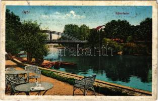 1915 Győr, Rába részlet, vendéglő terasza, híd (ázott / wet damage)