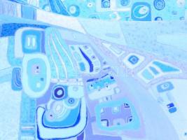 Bolega Anita (1974-): Város. Vegyes technika, papír, foltos, farostra kasírozva, 36x150 cm,