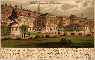 1899 Wien, Vienna, Bécs; Ausserer Burgplatz mit den Reiterstatuen / square, statue, monument, castle, imperial palace, litho