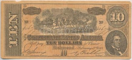 Amerikai Konföderációs Államok / Richmond / Virginia 1864. 10$ T:III- szakadások The Confederate States of America / Richmond / Virginia 1864. 10 Dollars C:VG tears