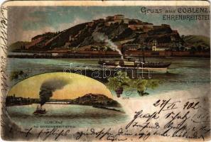 1902 Koblenz, Coblenz und Ehrenbreitstein / general view, steamship. Art Nouveau, floral, litho (EM)