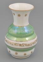 Zsolnay zöld-arany, virágmintás porcelán váza, matricás, jelzett, kopásnyomokkal, m: 14 cm