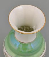 Zsolnay zöld-arany, virágmintás porcelán váza, matricás, jelzett, kopásnyomokkal, m: 14 cm