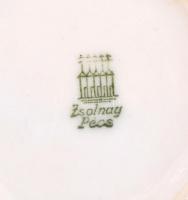 Zsolnay zöld-arany, virágmintás porcelán váza, matricás, jelzett, kopásnyomokkal, m: 14 cm