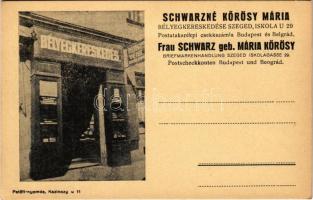 Szeged, Schwarzné Kőrösy Mária bélyegkereskedése. Iskola utca 29. reklámlap / Briefmarkenhandlung