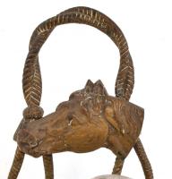 Lófejes asztali tintatartó, üveg betéttel, hiányzó tetővel, 11×7×10 cm