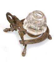 Lófejes asztali tintatartó, üveg betéttel, hiányzó tetővel, 11×7×10 cm