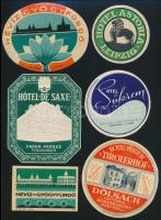 35 db külföldi és magyar bőröndcímke, közte egyformák + 1 db prospektus