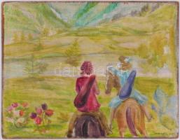 Márffy jelzéssel: Lovasok a víz partján. Olaj, farost, 54x70 cm