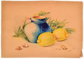 Szekeres Borbála (1892-1952): Csendélet citrommal és mogyoróval. Akvarell, papír, jelzett 21×30 cm