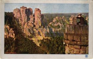 Sächsische Schweiz, Blick von der Bastei. Miethe-Naturfarben-Postkarte Serie 1054. / general view, lookout tower (EK)