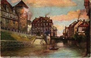 Hannover, Leineufer mit Beguinenturm / bridge, riverbank, tower. Raphael Tuck & Sons Oilette Serie Hannover No. 630. B. (tiny hole)