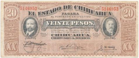Mexikó / Forradalom / Chihuahua 1915. 20P hátoldalán fekete felülbélyegzés T:III Mexico / Revolution / Chihuahua 1915. 20 Pesos with black overprint on back C:F Krause S537