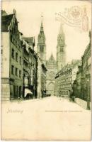 Nürnberg, Nuremberg; Karolinenstrasse mit Lorenzkirche. Dr. Fischers Essigessenz / street view, church. Vinegar essence advertising (EK)
