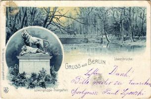 1900 Berlin, Löwenbrücke, Löwengruppe Thiergarten / bridge in winter, monument. Art Nouveau, litho (worn corners)