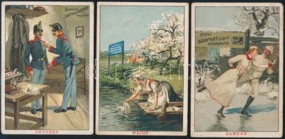 Nagy Hutter reklám és nyomtatvány tétel: 3 db Schicht vagy Szarvas Schicht szappan reklám kártya, 10,5x7,5 cm + Hutter tanrend (órarend), foltos, hajtásnyommal, szélén szakadásokkal + 1831-1931 100 éves Hutter nyomtatvány + 1933 Hutter és Lever Rt. kézikönyve, vászonkötésben, bejegyzések nélkül