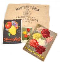 Mauthner reklám tétel: Mauthner Ödön cs. és kir. udvari magkereskedése feliratos vászon zsák, lyukas + Mauthner-féel tulipánok reklám. és megrendelőlap + Monori Mag kisplakát, D. Szabó jelzéssel, Klösz Coloroffset, lap széle kissé sérült, 24x17 cm + 1937 Mauthner magárjegyzék, borító sérült és ragasztott, 89 p