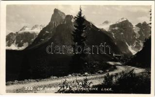 Moraine Lake (Alberta), automobile on the road to Moraine Lake. Byron Harmon Phot.