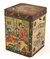 Régi nagy méretű illusztrált Tea Készlet fém doboz fedéllel, sérült, rozsdás, m: 27 cm