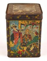 Régi nagy méretű illusztrált Tea Készlet fém doboz fedéllel, sérült, rozsdás, m: 27 cm