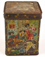 Régi nagy méretű illusztrált Tea Készlet fém doboz fedéllel, sérült, rozsdás, m: 27 cm